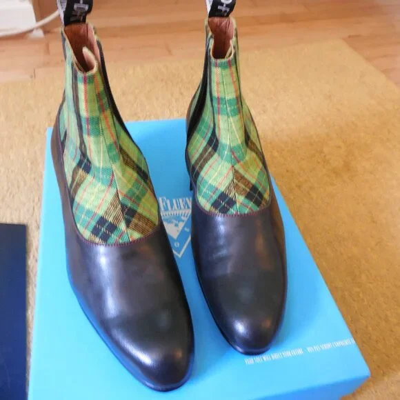 John Fluevog Arthur Green Black Plaid Ankle zip-up Boot